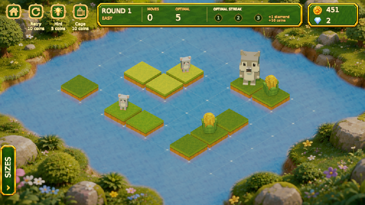 Island Hoppers gameplay: animals and food on small islands across a lake
